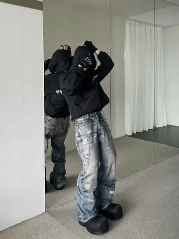 Men and women Spring Festival hip-hop trend straight leg personalized printed jeans couple American loose retro casual pants y2k